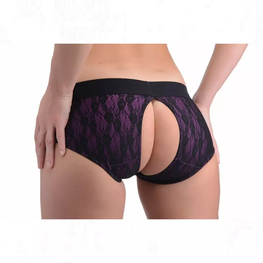 Strap U Lace Envy Crotchless Panty Harness In Purple-Black L/XL